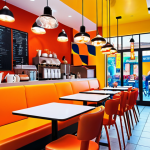 ** Modern, vibrant cafe interior. Focus on bright, energetic colors appealing to young customers. Include comfortable seating and interesting lighting fixtures.

**