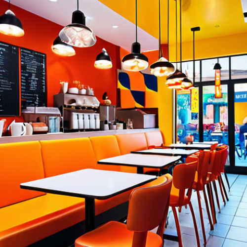 Home 15 ** Modern, vibrant cafe interior. Focus on bright, energetic colors appealing to young customers. Include comfortable seating and interesting lighting fixtures.
**