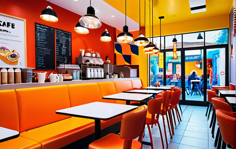 ** Modern, vibrant cafe interior. Focus on bright, energetic colors appealing to young customers. Include comfortable seating and interesting lighting fixtures.

**