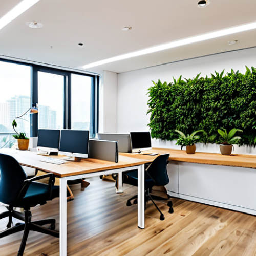 Home 7 A vibrant, modern, minimalist co-working office space located in a bustling Vietnamese city. The interior design features an expansive open-plan layout with large, clear windows that invite abundant natural light, illuminating the area. Lush indoor plants are thoughtfully integrated throughout the space, alongside light wood shared desks and comfortable, ergonomic chairs. The color palette is clean and serene, consisting of white, light grey, and natural wood tones, complemented by subtle accents of bare concrete or brick for a contemporary touch. The overall atmosphere is professional, promoting high productivity, collaboration, and a calm, inspiring environment. Two fully clothed individuals are seen working at desks, demonstrating correct proportions and natural poses. safe for work, appropriate content, fully clothed, professional, perfect anatomy, correct proportions, natural pose, well-formed hands, proper finger count, natural body proportions, professional photography, high quality.