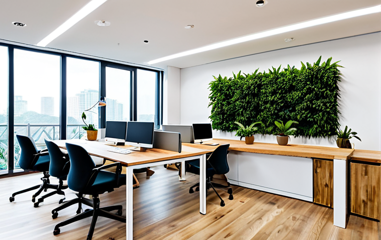 A vibrant, modern, minimalist co-working office space located in a bustling Vietnamese city. The interior design features an expansive open-plan layout with large, clear windows that invite abundant natural light, illuminating the area. Lush indoor plants are thoughtfully integrated throughout the space, alongside light wood shared desks and comfortable, ergonomic chairs. The color palette is clean and serene, consisting of white, light grey, and natural wood tones, complemented by subtle accents of bare concrete or brick for a contemporary touch. The overall atmosphere is professional, promoting high productivity, collaboration, and a calm, inspiring environment. Two fully clothed individuals are seen working at desks, demonstrating correct proportions and natural poses. safe for work, appropriate content, fully clothed, professional, perfect anatomy, correct proportions, natural pose, well-formed hands, proper finger count, natural body proportions, professional photography, high quality.