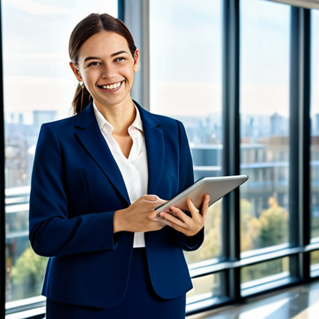 **

A professional businesswoman in a tailored, dark blue business suit, standing confidently in a bright, modern office lobby with large windows overlooking a bustling city.  She is holding a tablet and smiling warmly. The scene is brightly lit with natural light. Fully clothed, appropriate attire, safe for work, perfect anatomy, natural proportions, professional photography, high quality, modest, family-friendly.

**