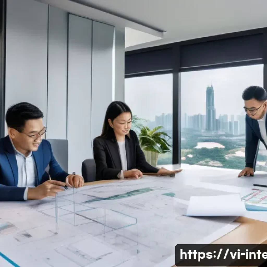 인테리어 프로젝트 관리 프로세스 - A modern Vietnamese interior design project planning scene showing a diverse team of professionals i...
