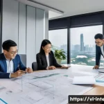 Home 19 인테리어 프로젝트 관리 프로세스 - A modern Vietnamese interior design project planning scene showing a diverse team of professionals i...