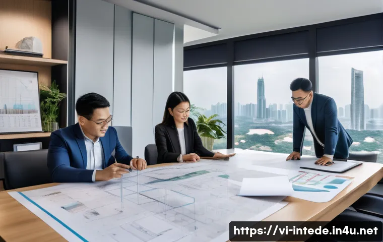 인테리어 프로젝트 관리 프로세스 - A modern Vietnamese interior design project planning scene showing a diverse team of professionals i...