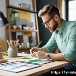 Home 18 인테리어 디자이너 경력 개발 계획 - A modern interior designer at work in a bright, stylish studio filled with samples of sustainable ma...